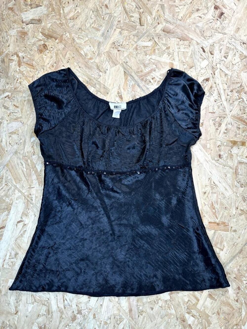 California Grown CG Black Crinkle Satin Blouse Top Womens Size Large Sequin Trim